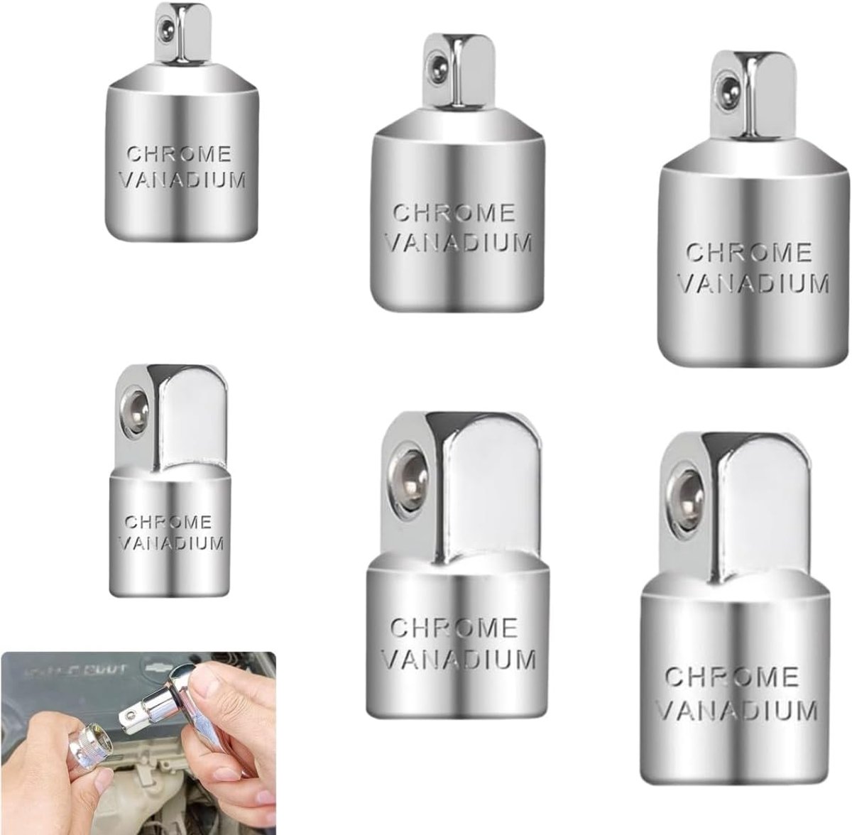 Socket Wrench Adapter, 6-Piece Ratchet Adapter, 1/4 Inch to 3/8 Inch, 3/8 Inch to 1/4 Inch, 3/8 Inch to 1/2 Inch, 1/2 - ShopVlot