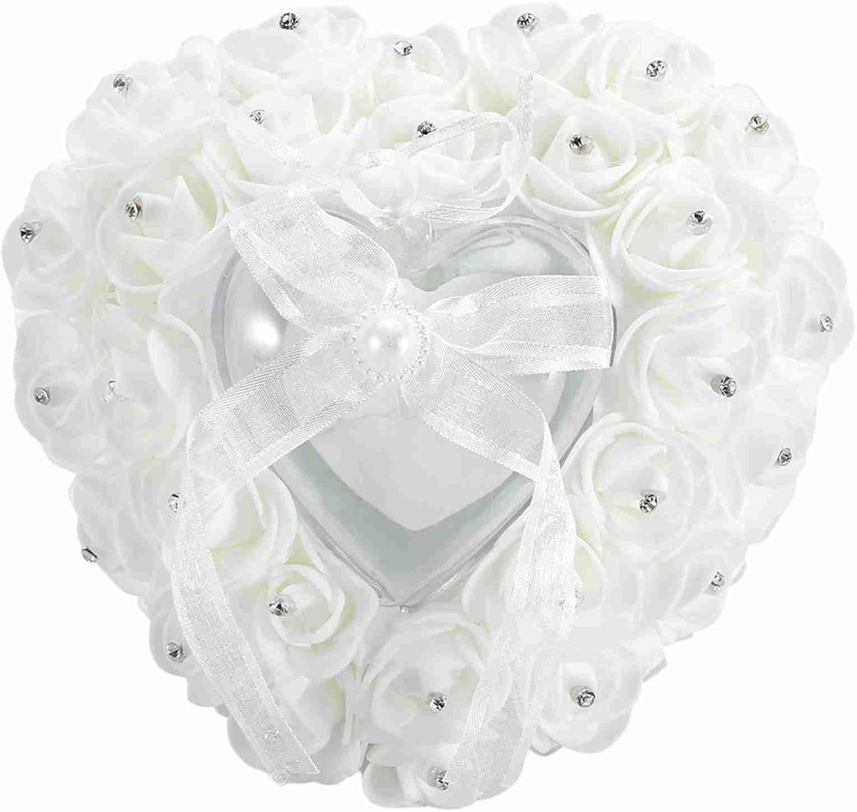 Romantische Ringdoos in Hartvorm met Strass Bloem voor Bruiloft - Lichtgewicht PE Materiaal, Vintage Sieraden Vitrine voor Trouwringen