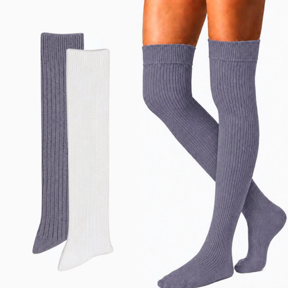 green-goose Cashmere Kniekousen - Hoge Kwaliteit Warme Thermossokken - Grijs & Wit - Elegante Kasjmier Sokken Dames - Maat 35-38