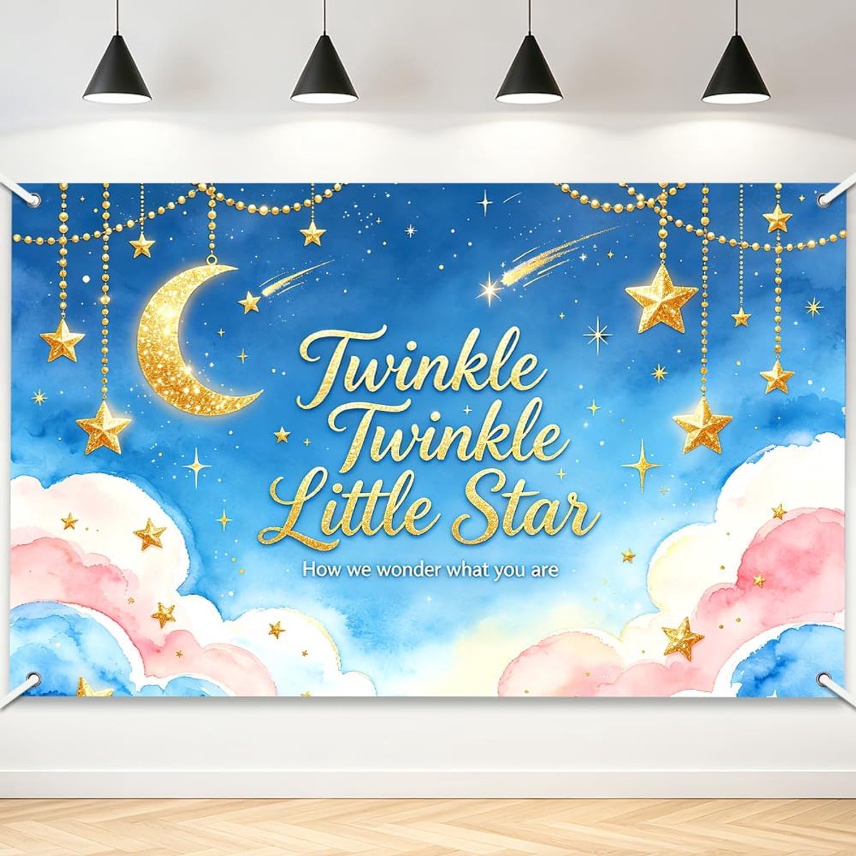 Watercolor Sky Cloud Background Twinkle Twinkle Little Star Hanging Banner Board Bokeh Photography Background Happy - ShopVlot
