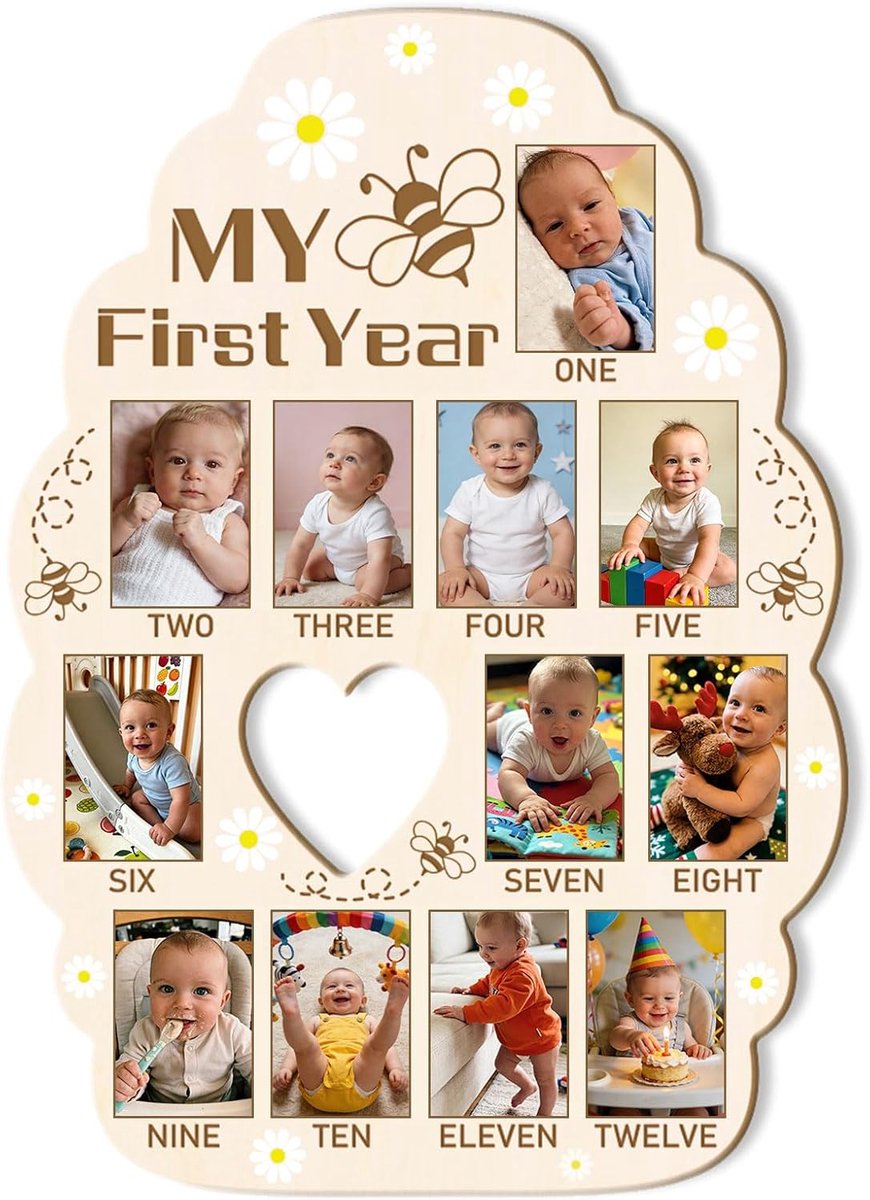 ORIGACH Honeycomb Shape My Freshman Baby Growth Picture Display Board, 12 Months Newborn Milestones Wood Keepsake - ShopVlot