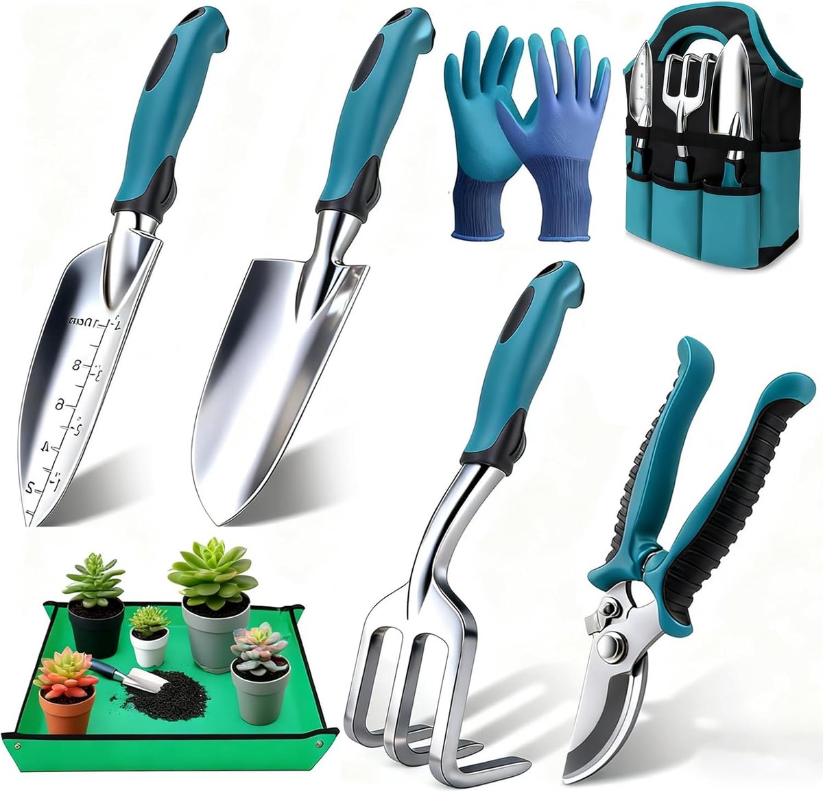 SnelShoppen - Complete Tuinset Roestvrij Aluminium 75x75 cm met Professioneel Tuingereedschap en 600D Oxford Tas, Ideaal voor Tuinieren Dames en Heren