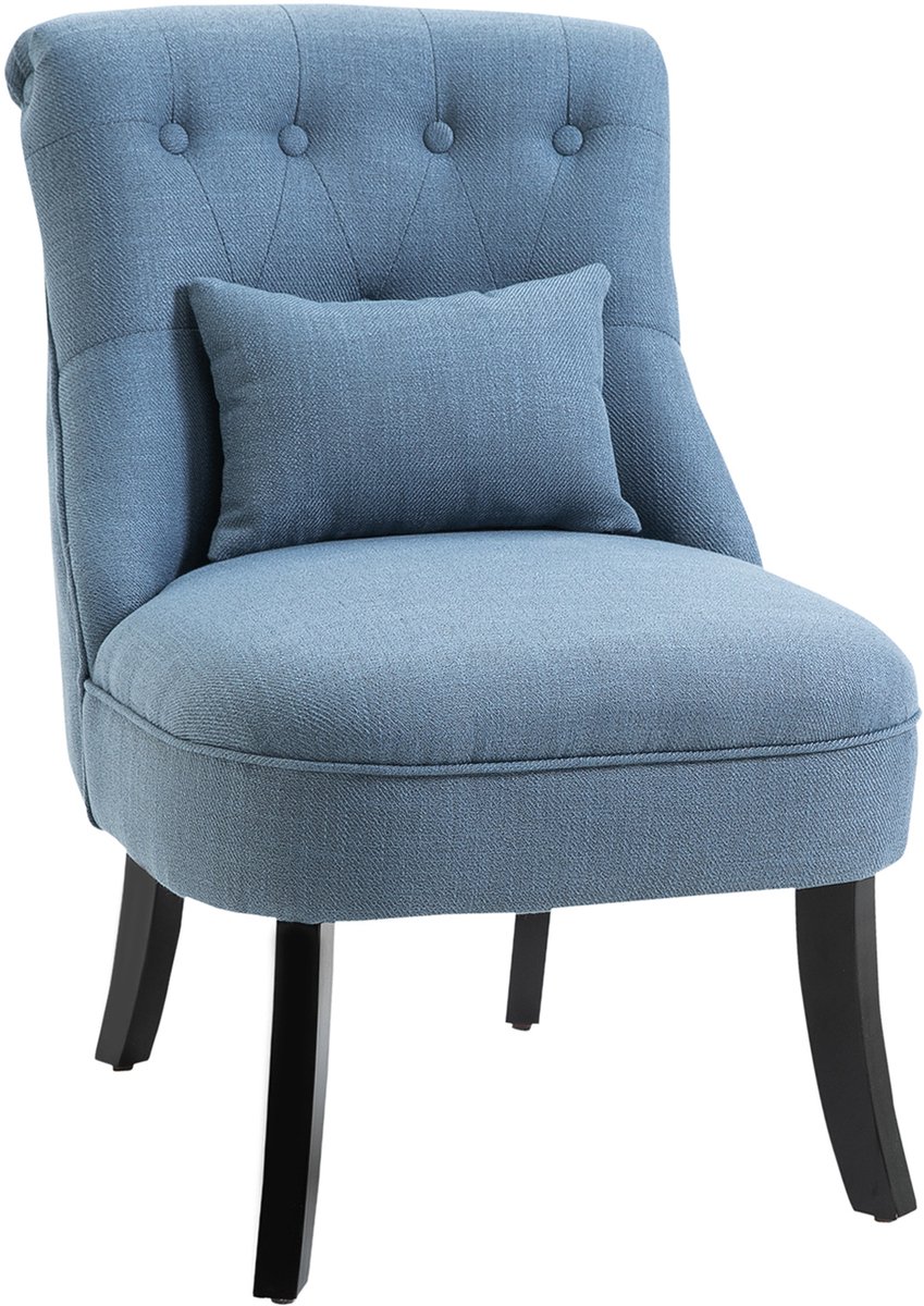 Homona Vintage fauteuil - Met rugkussen en houten poten - Polyester met linnenlook - 52,5 x 69 x 77 cm - Blauw