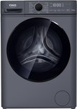 Lave-linge gris avec porte noire et panneau de commande numérique. Capacité de 7 kg.