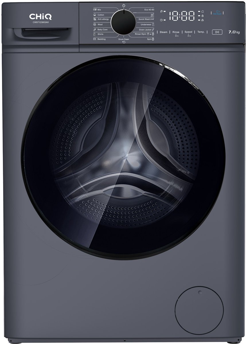 chiq CW07123863AX - Wasmachine - 7 KG - Space Pro - 16 programma's - AI Smart - Stoomwassen & Quick Wash - 12 jaar garantie op motor - A Grijs