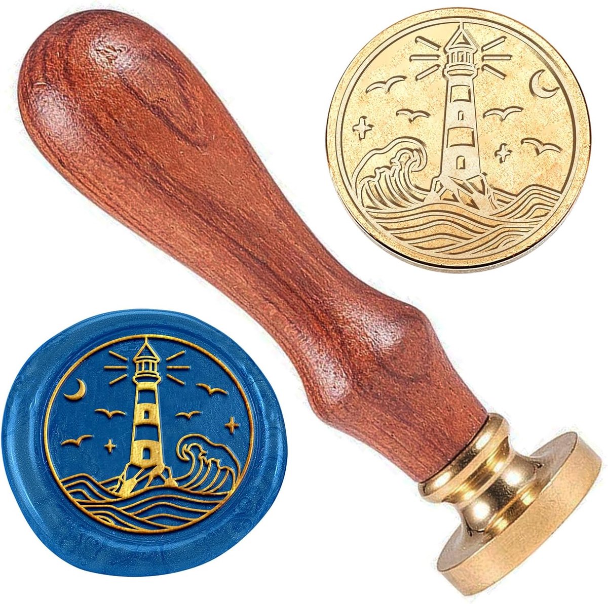 Waxstempel met vuurtoren motief 25mm - messing kop met hout - retro ontwerp - ideaal voor brieven en uitnodigingen - ShopVlot