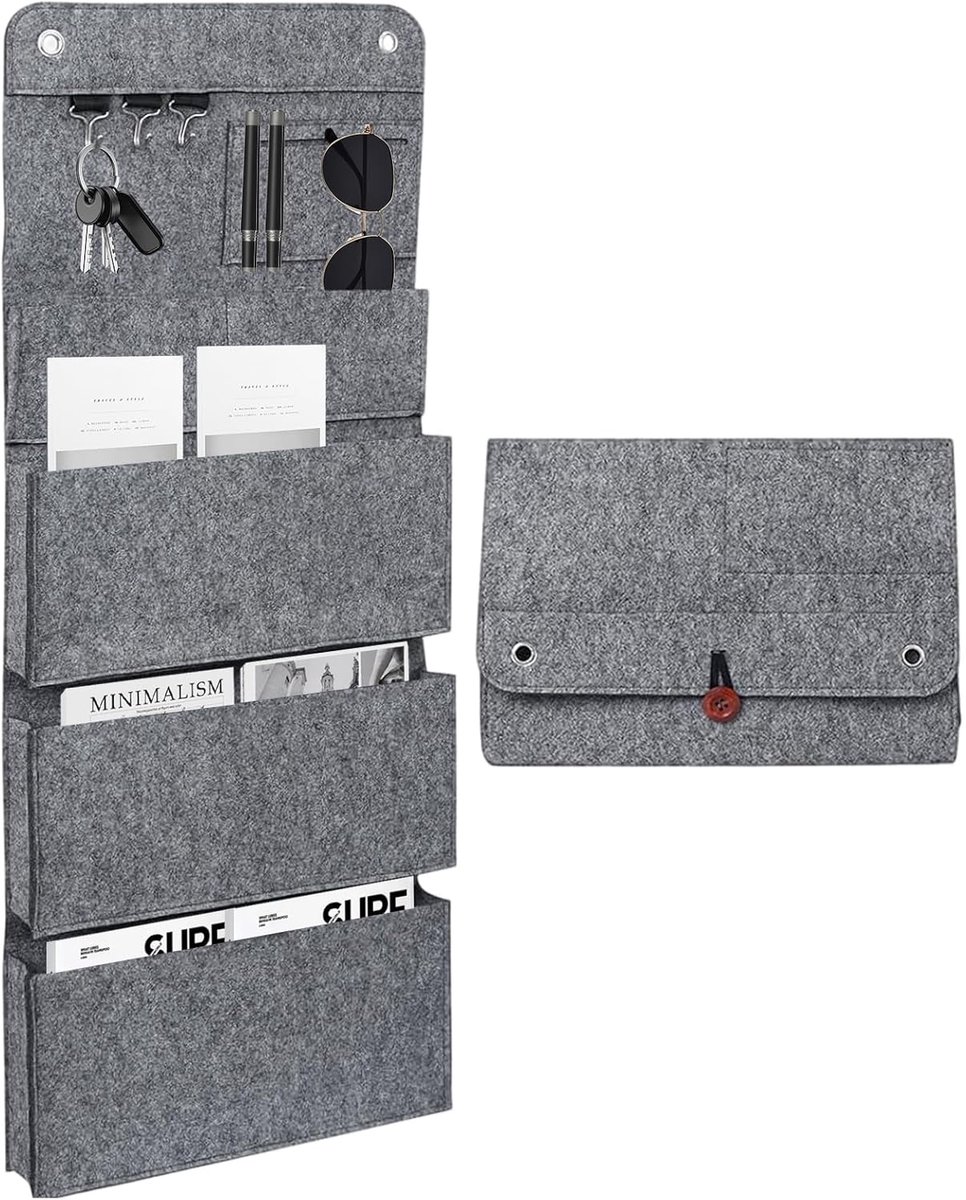 SnelShoppen - Hangende Organizer met 6 Compartimenten en 3 Haken - Vilt Muurorganizer 80x32cm - Opvouwbare Opbergtas voor Deuren, Badkamers, Gangen, K