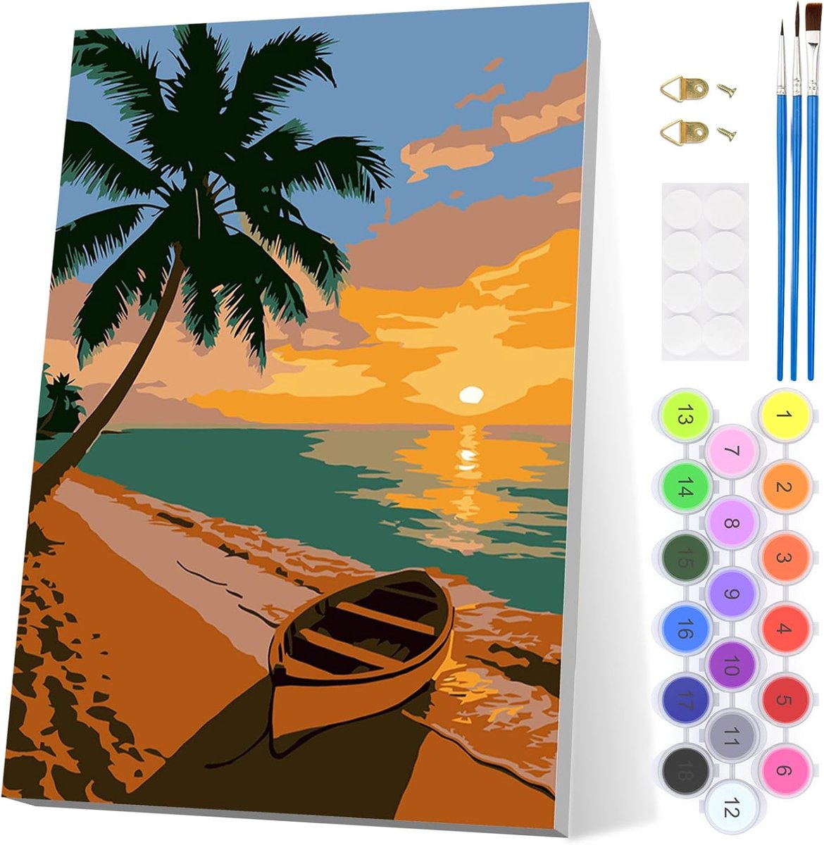 EOBROMD Zonsondergang op het strand, schilderen op nummer voor volwassenen, schilderen-op-nummerset met lijst - ShopVlot