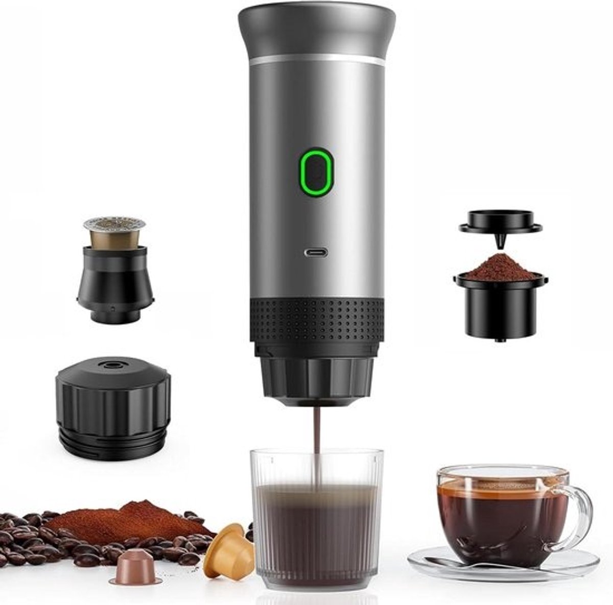 Draagbare espressomachine - Voor reizen en auto - Zelfverwarmend, USB-C en 3-in-1