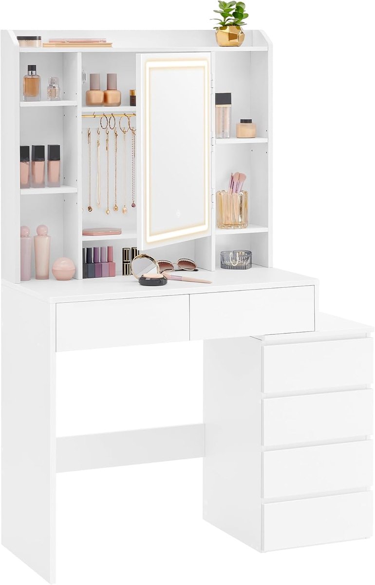 Kaptafel met LED-verlichting en spiegel, 40 x 97,5 x 145 cm, moderne cloud-witte kleur, 4 lades, verstelbare planken - Industrohome