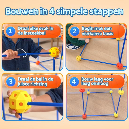 Vier stappen om een fort te bouwen: 1. Draai elke stok in de insteekbal. 2. Begin met een vierkante basis. 3. Draai de bal in de juiste richting. 4. Bouw laag voor laag omhoog. Kinderhanden draaien de stokken in de gele knooppunten.