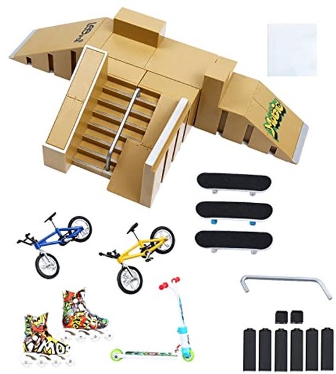 Skateparkset met hellingonderdelen voor een vinger-skateboardpark trainingsrek en 3 vingerboards 2 vingerfietsen skates en scooters