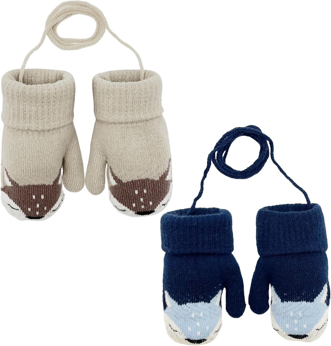 2 paar gebreide winterwanten, schattig vossenontwerp met pluizige fleece voering, warme zachte handschoenen voor peuters, meisjes, jongens van 0-3 jaar
