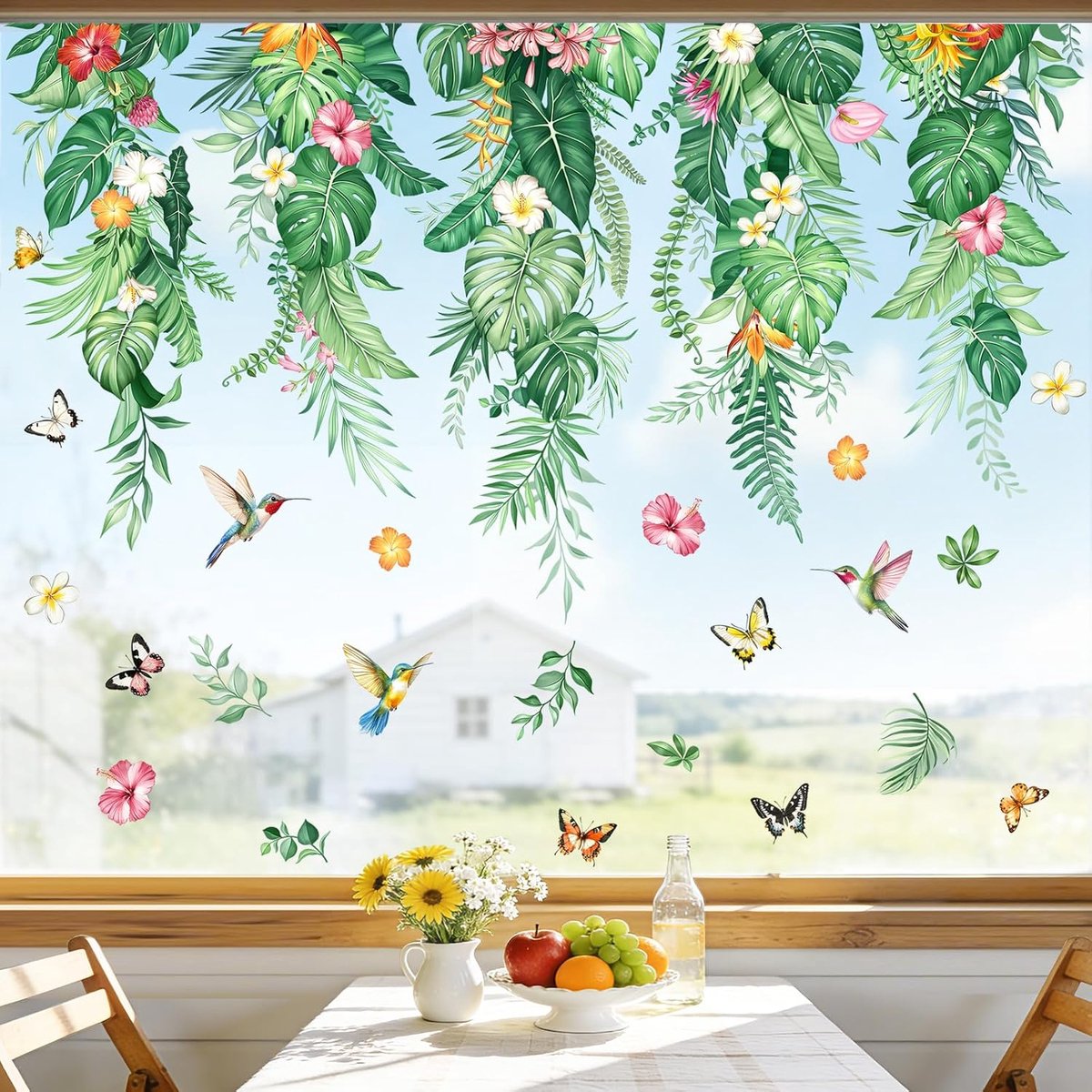 Raamfoto's zelfklevende planten tropische bladeren raamstickers hangende palmen vogels raamstickers zomer lente anti-botsing raamdecoratie