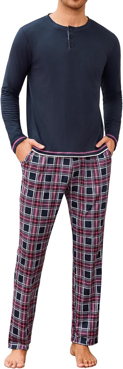 Pyjama voor heren, winter, nachtkleding, pyjamaset, ronde hals, lange mouwen en geruite broek, S-4XL