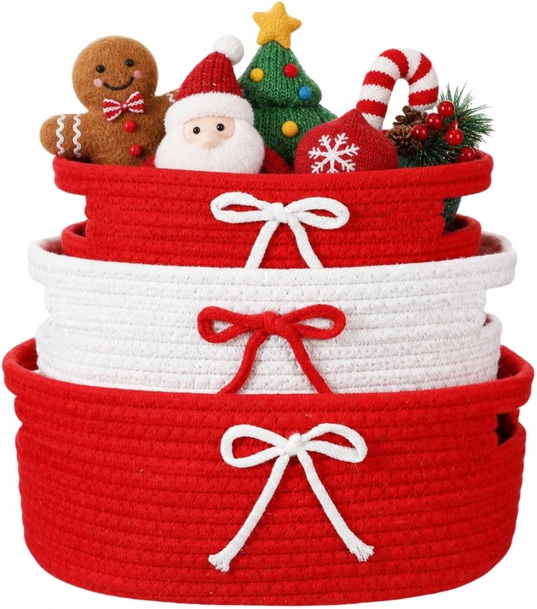 3 stuks opbergmanden, gevlochten opbergmand, gevlochten katoenen touw, speelgoedmand, cadeaumand met handgrepen, voor decoratie, organisatie, opslag, gebruikt worden (rood)