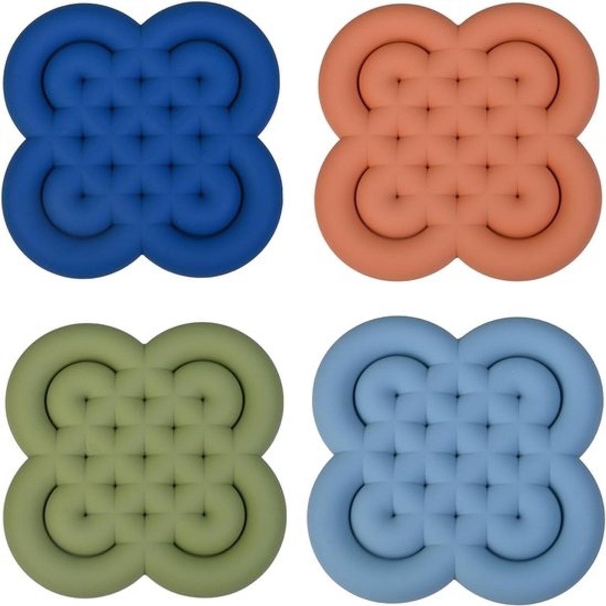 Set van 4 wasbare siliconen onderzetters, 14.5 x 14.5 cm, antislip - donkerblauw, lichtblauw, bruin en groen