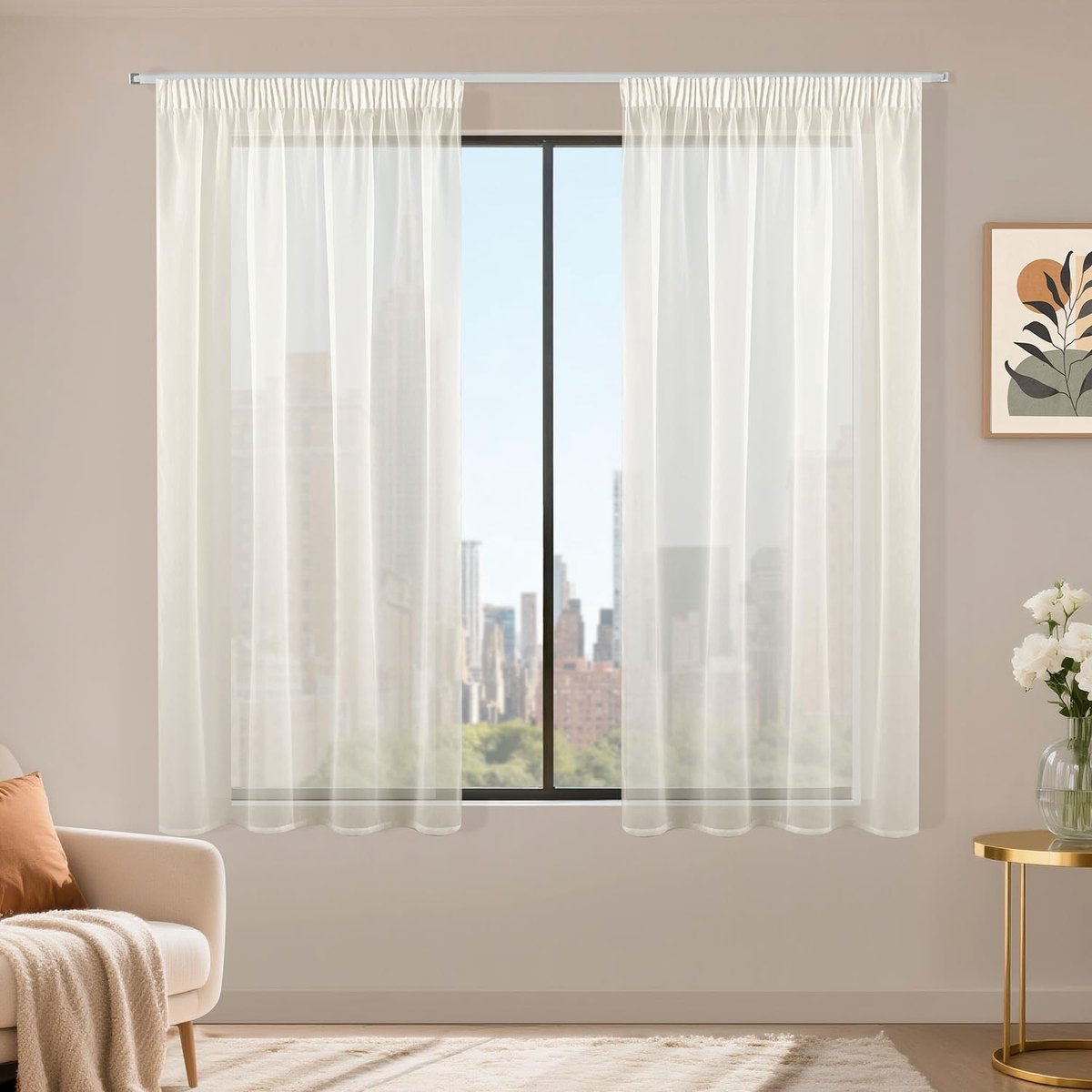 Set van 2 vitrages voor ramen, beige, 140 x 160 cm (b x h), met plooiband, transparant, modern, decoratie voor binnen, keuken, woonkamer, slaapkamer, elegant, romantisch
