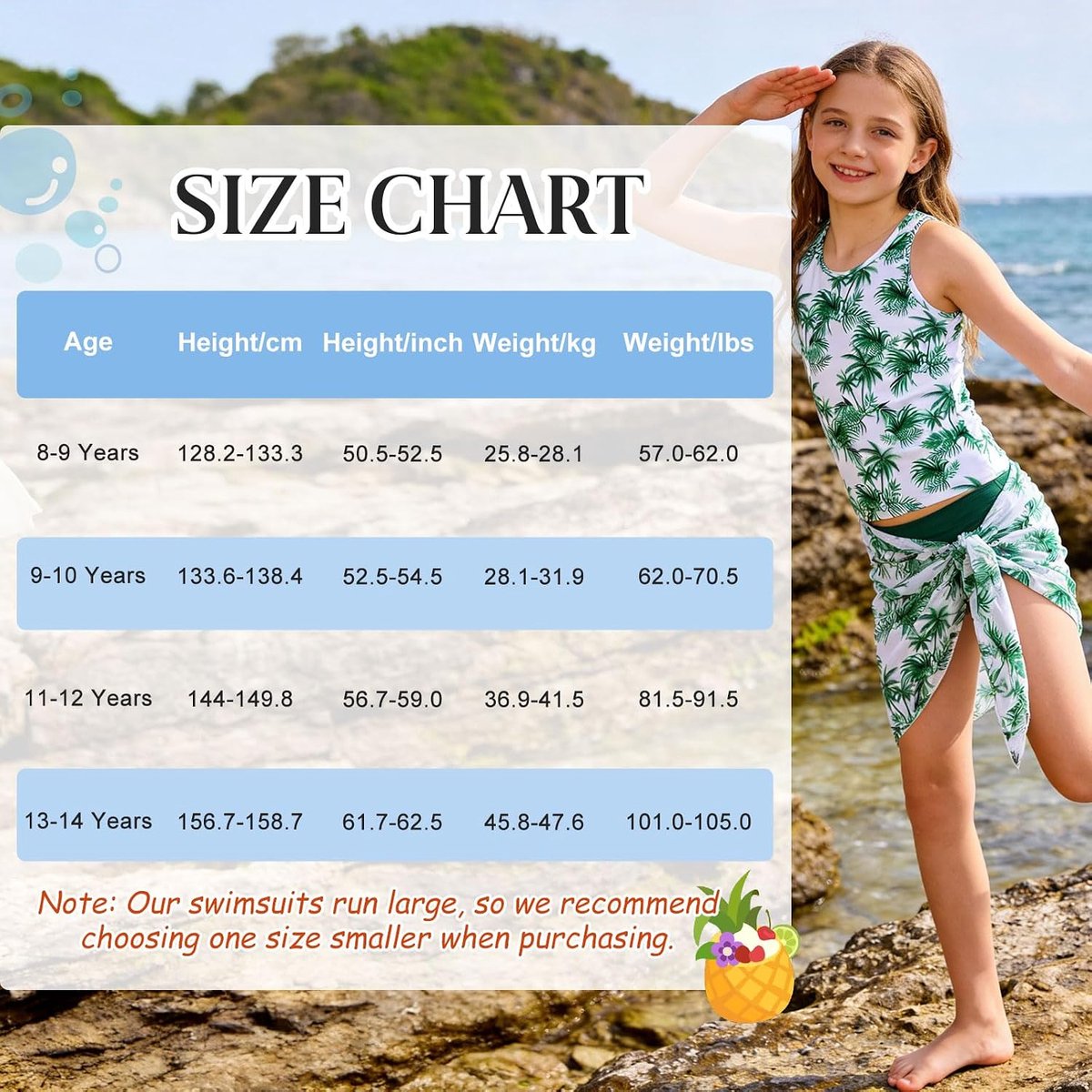 Zwemkostuum voor meisjes, 3-delig meisjesbikini, zomer, Hawaii-prints, zwempak, tankini voor kinderen, met bedekkende badpakken, vakantie, surfen, voor 8-14 jaar