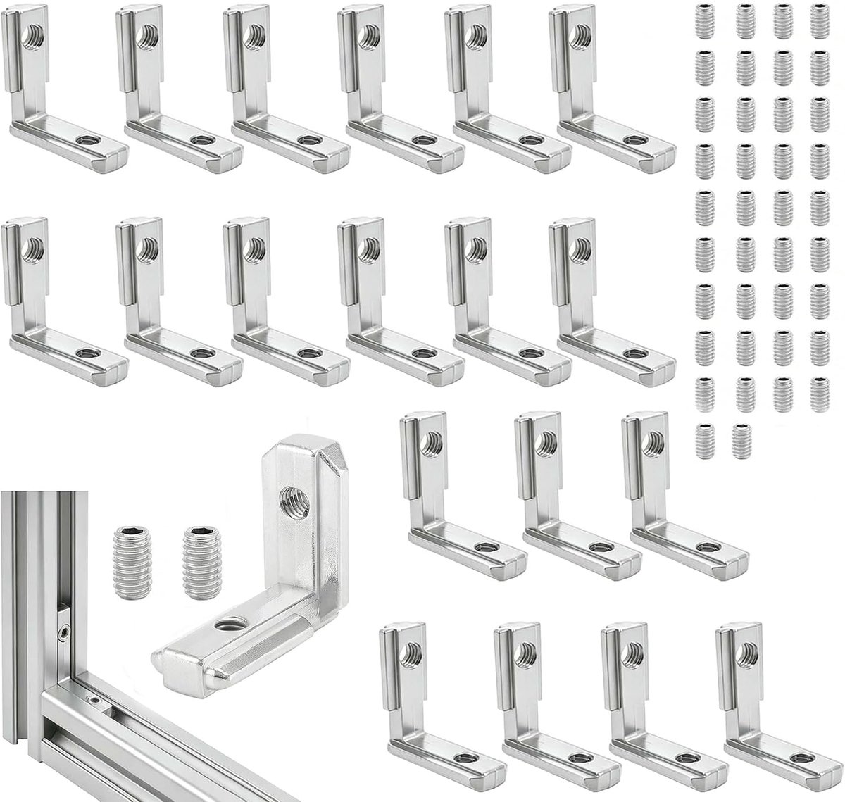 20 pieces aluminum profile 20x20 connector, 90° L shape inner corner connector, nickel plated aluminum profile 20x20 accessories with screws