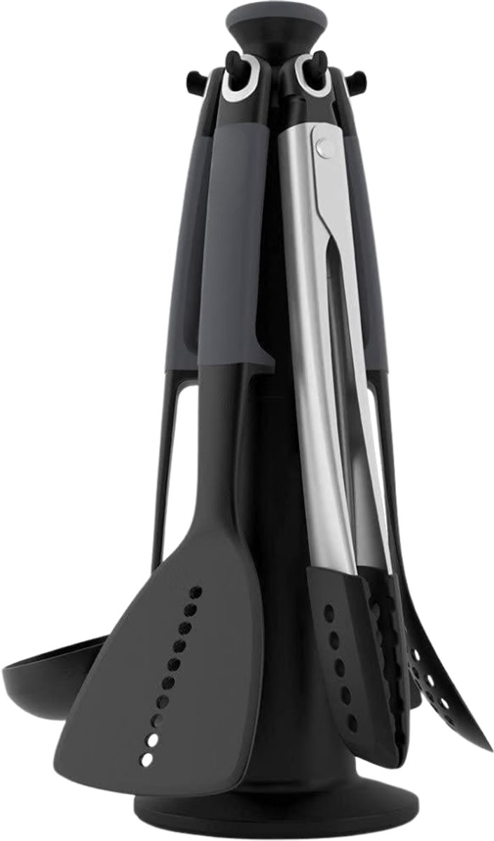 Verte - Keukengerei Set met Houder - Set Van 6 Stuks - Draaibare Houder - Ergonomische Siliconen Handgrepen - Antiaanbaklaag - Grijs
