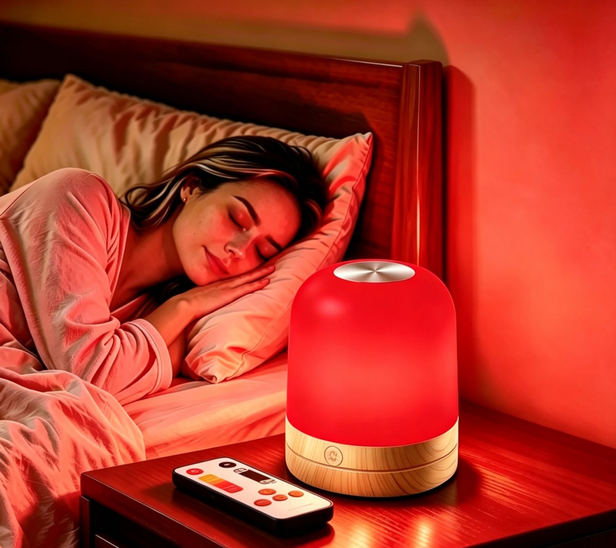 Oplaadbaar slaaplicht 670nm Rood & 1700K Amber bedlampje, blauwlicht filterend, dimbaar met afstandsbediening, timer en geheugenfunctie