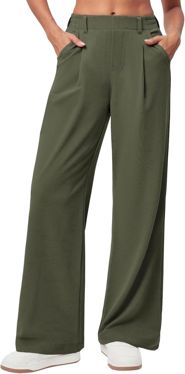 Palazzo Damesbroek, zakelijke wafelgebreide stoffen broek, elegant, casual, losse hoge taille met elastiek, brede pijpen, vrijetijdsbroek
