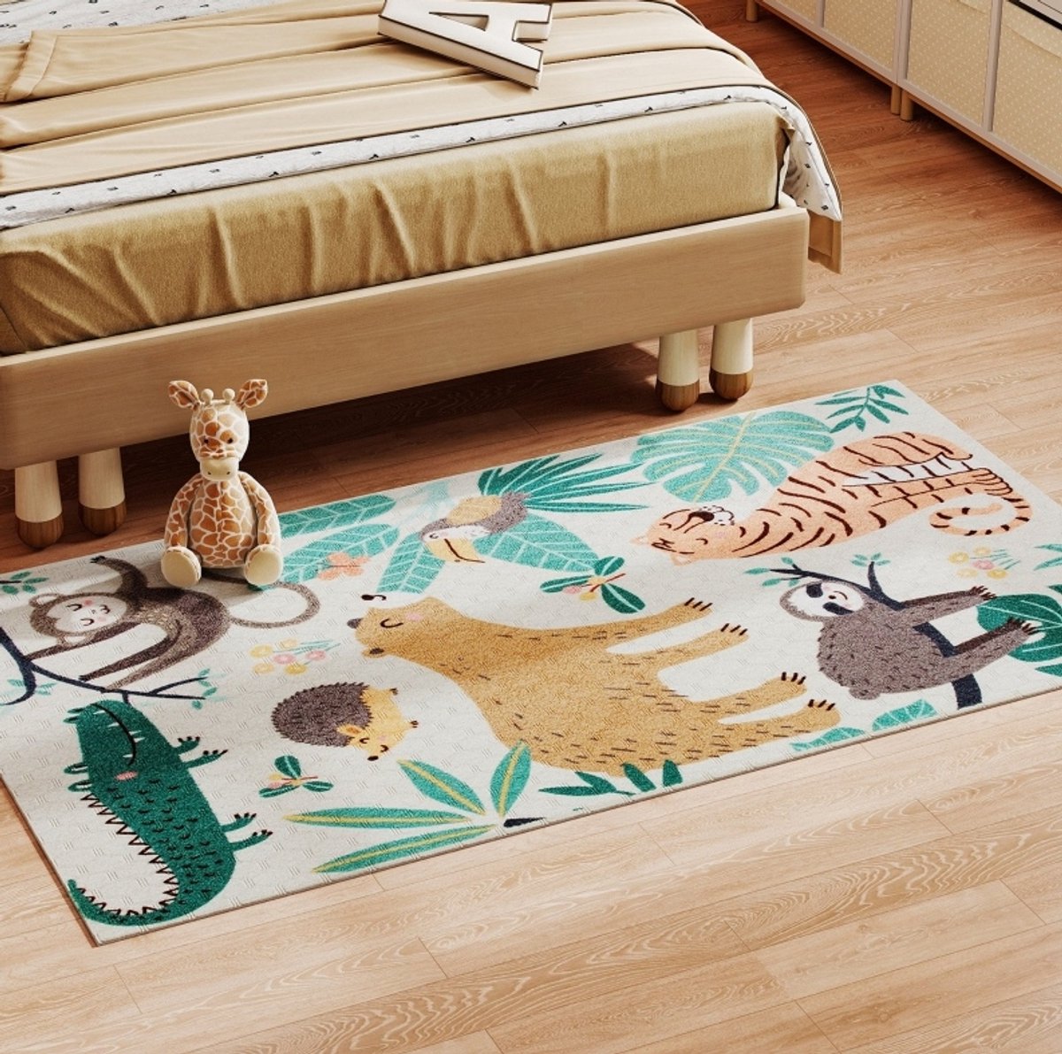 MIVRAY Vloerkleed – Zacht Sherpa-Comfort – 150 x 80 cm – Polyester – Crèmewit Multicolor – Antislip voor Slaapkamer en Hal – Jungledierenmotief