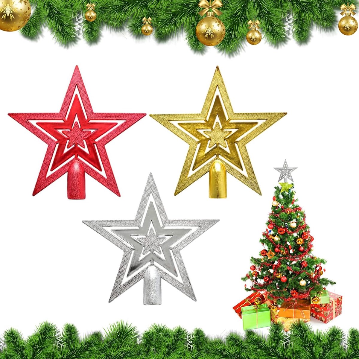 3 stuks, 10 cm, kunststof kerstboompiek, kunststof, sterren, boompiek, glitter, goud/zilver/rood, kerstboomster