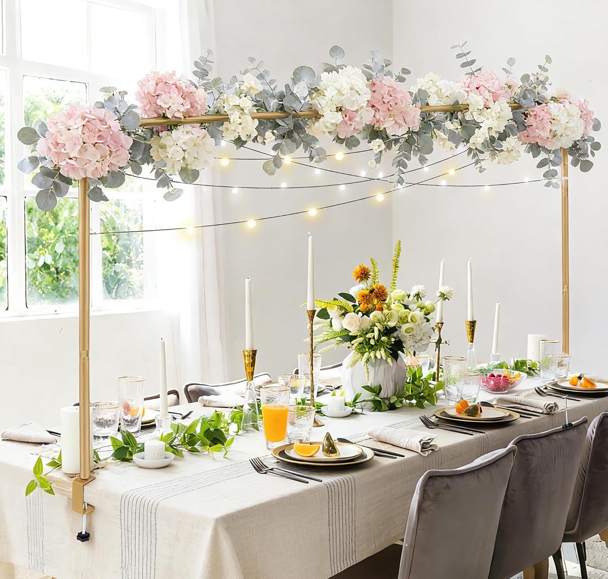 Tafelboog-decoratieve stang, 120-260 cm verstelbaar, goud, metalen constructie met klemmen voor feestelijke decoratie