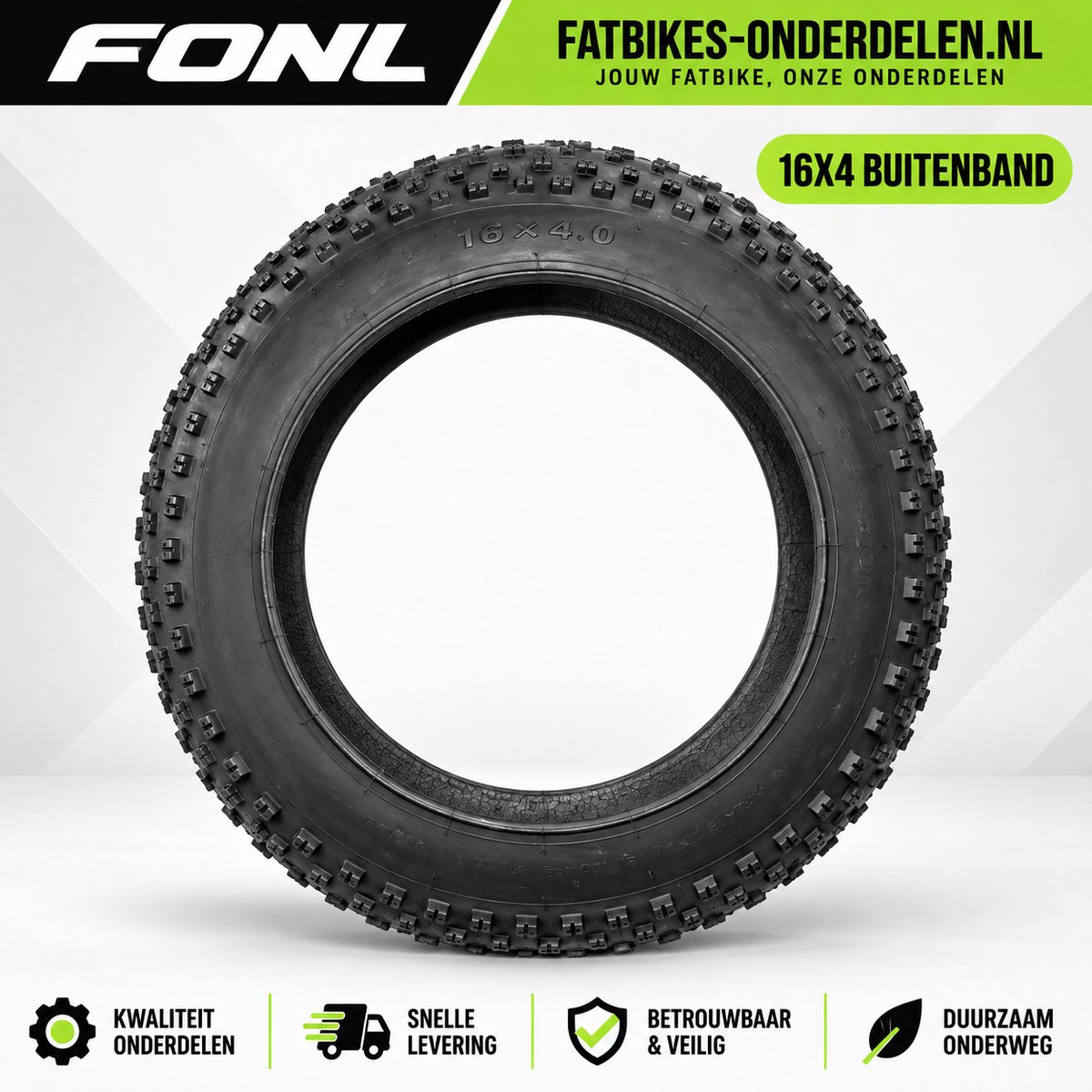 FONL Fatbike Buitenband 16 x 4.0 Inch - Noppenband voor Mini Fatbike Ouxi C80 en V20 Mini - Offroad Profiel - Band Elektrische Fiets - Zwart