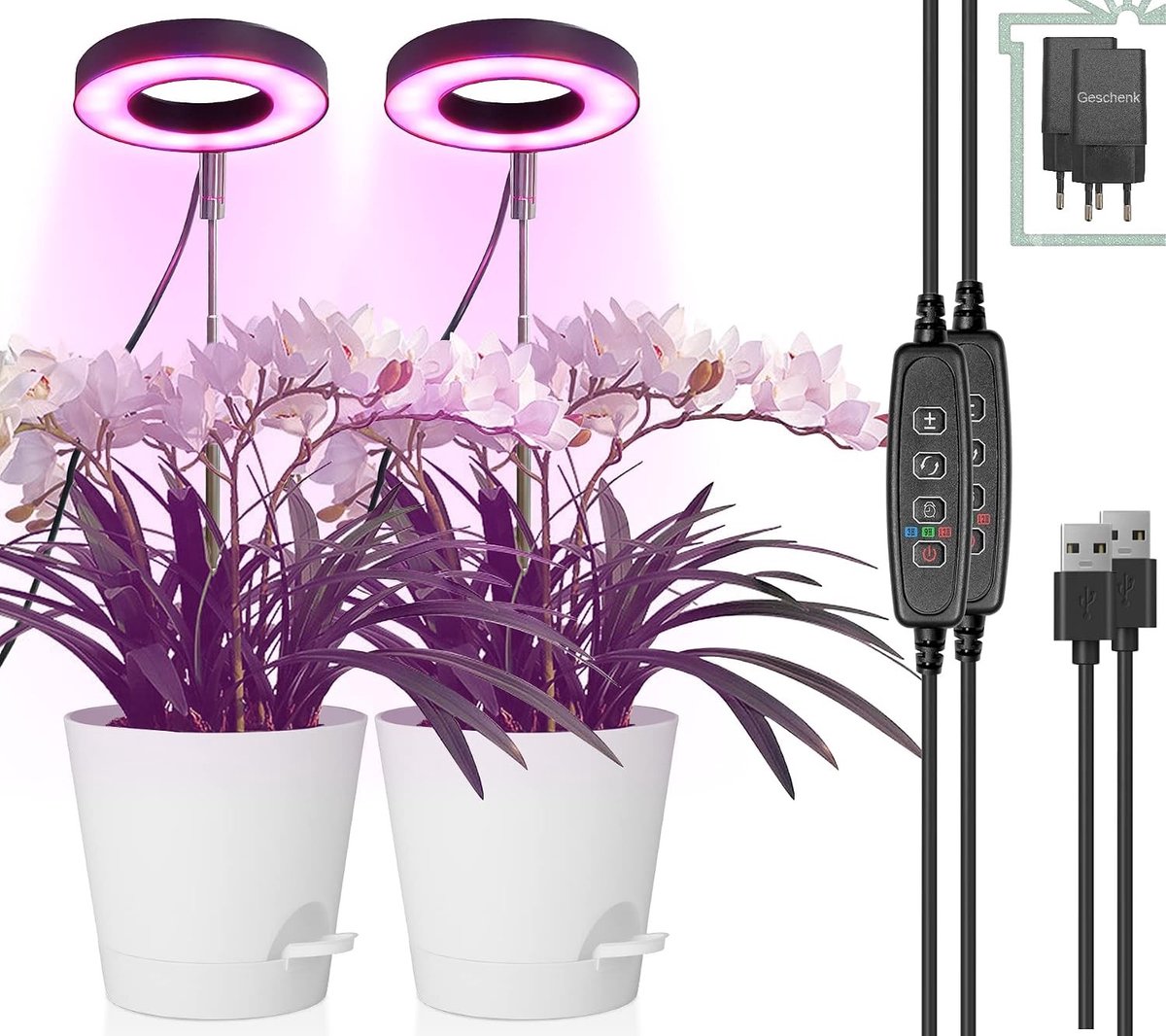 Volledige Spectrum Plantenlamp voor Binnen, Verstelbare Helderheid, Automatische Timer en Veilig Voltage voor Optimale Groei van Planten, 2 Stuks