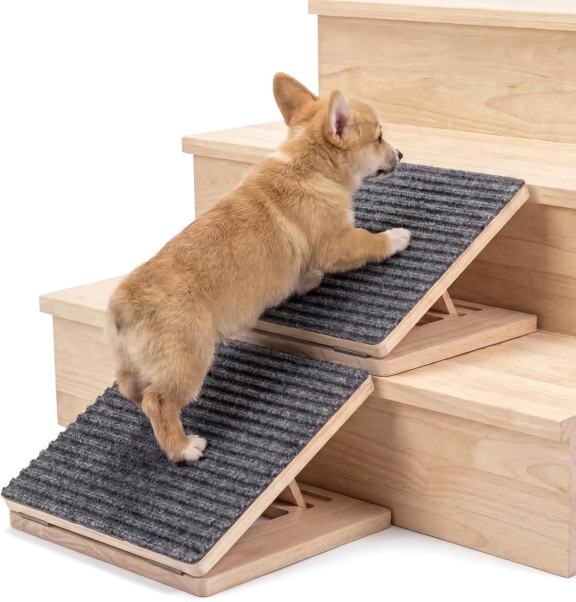 Opvouwbare hondenhellingen van hout met 3 verstelbare hoogtes voor kleine en middelgrote honden en katten, ideaal voor oudere en gewonde huisdieren
