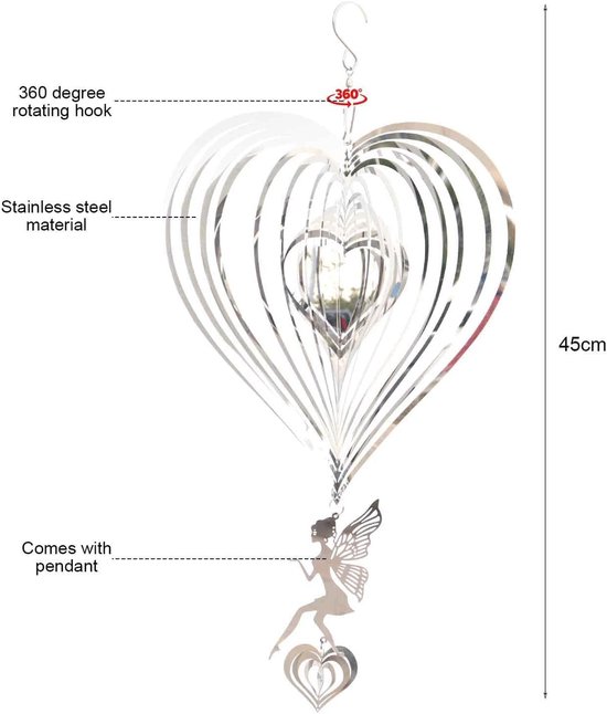 3D Hart Wind Spinner en Tuin Windgong van Roestvrij Staal, Hangende Decoratie voor Buiten en Binnen, Unieke Windvangers en Tuinaccessoires — afbeelding 4