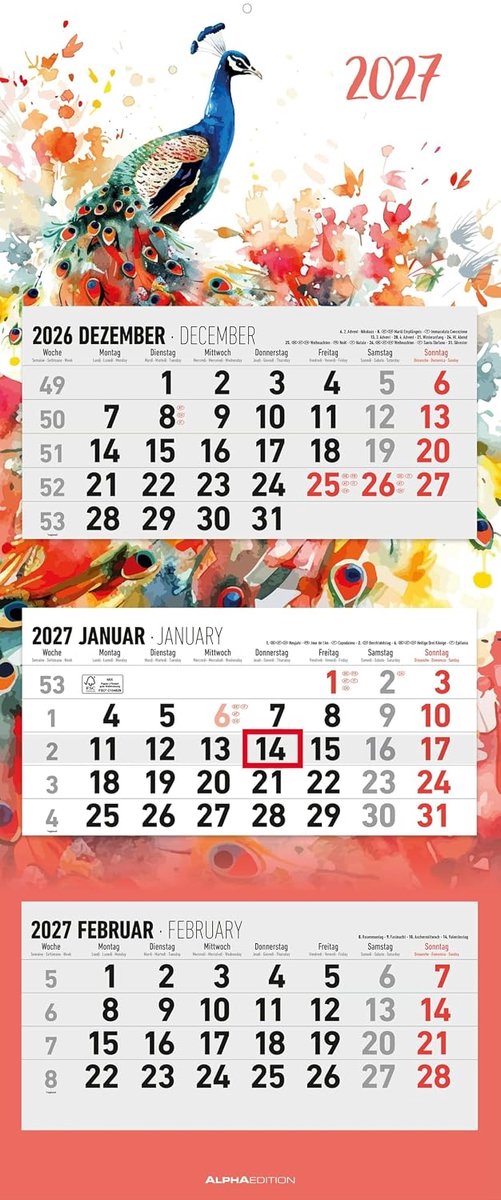 SnelShoppen - 3-Monatskalender Design 2027 Wandkalender 33x80 cm met Datumsschieber, Jaaroverzicht, Schulferien, Faltbaar voor Bureau en Thuis