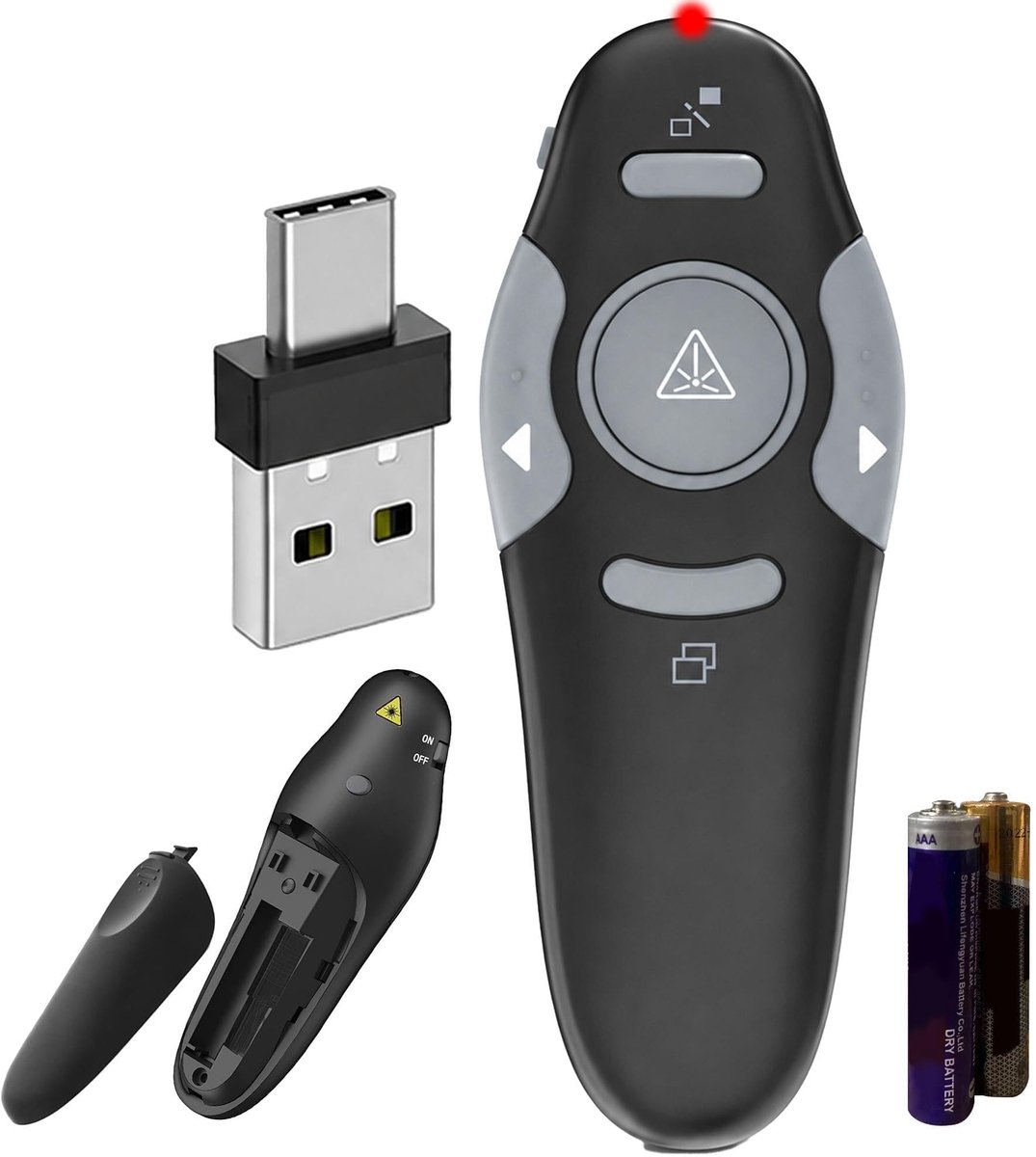 Draadloze Presenter 2,4 GHz met USB-A- en USB-C-Ontvanger, Laserpointer voor Presentaties, Plug-and-play voor PC, Mac - ShopVlot