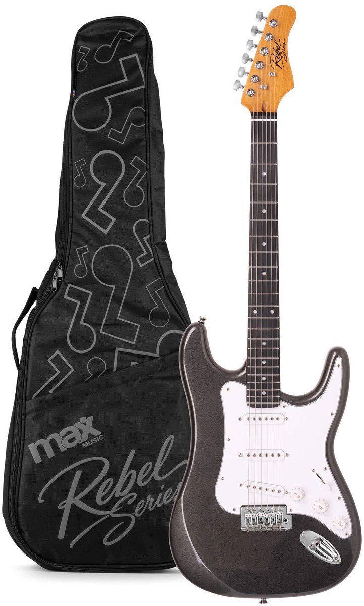 Elektrische gitaar - MAX Rebel ST - Met online muziekcursus - Roasted maple hals met 22 frets - Incl. gitaartas - Metallic black