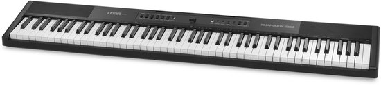Lang zwart MAX Rhapsody DP88S keyboard met 88 toetsen, van voren gezien.
