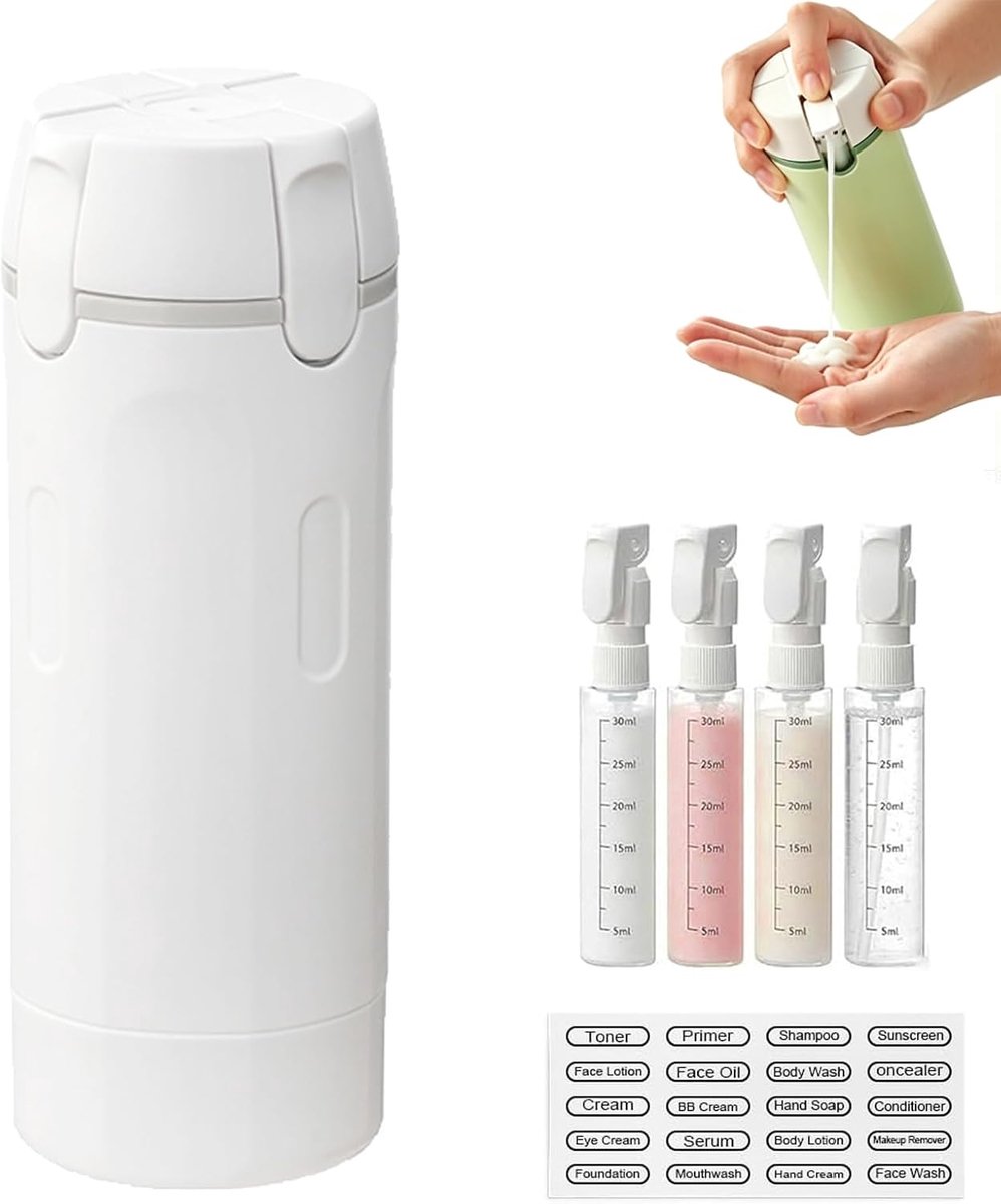 Reisflessen om te vullen, reiscontainer, wit - 4-in-1 reisflessenset, lekvrij, shampoo, crème, conditioner - ShopVlot