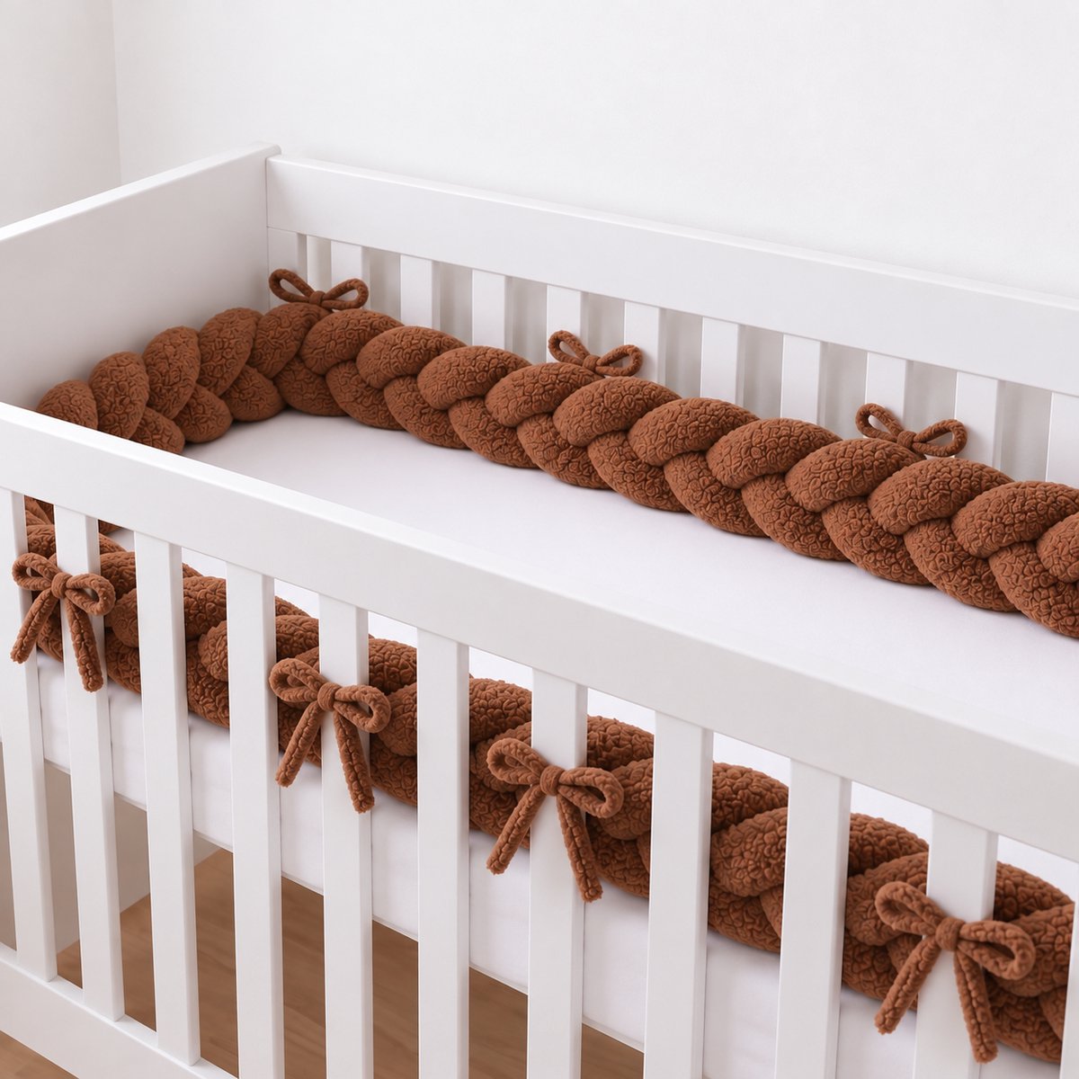 Honeybears Gevlochten Baby bedomrander met bevestigingslintjes – Boxomrander baby – Bedslang - Bedbumper - Hoofdbeschermer - Parkomrander - Bedrand - Bed bumper ledikant – 3 meter – Creme