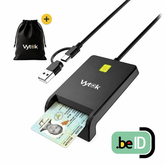 Lecteur de carte noir avec une carte d'identité belge insérée, câbles USB-A et USB-C et une pochette noire.