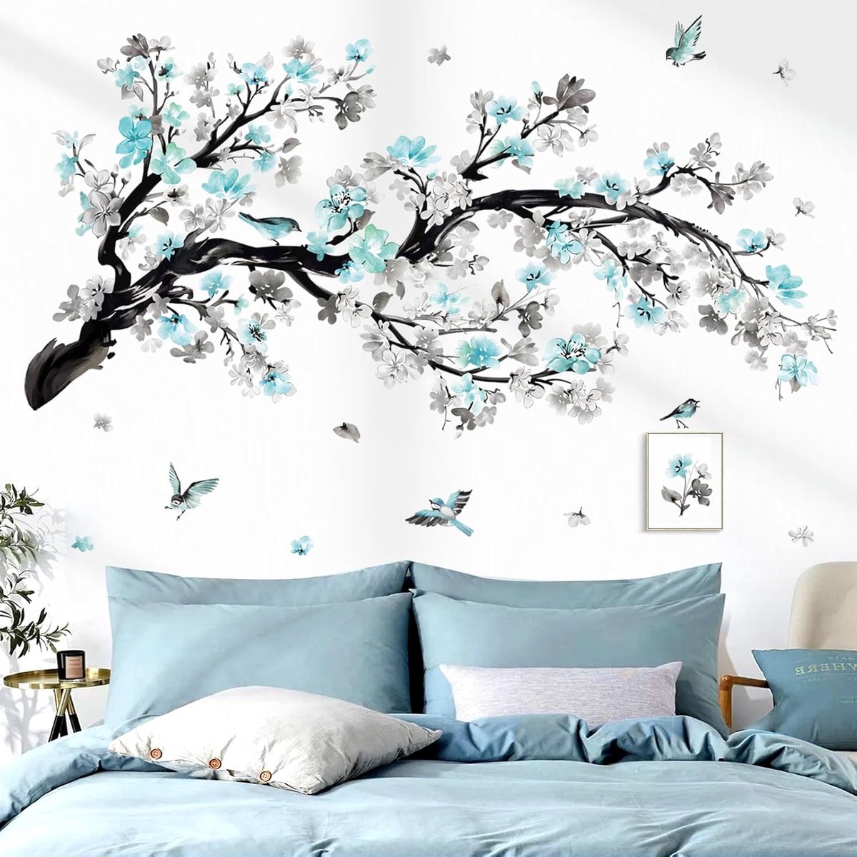 Wandstickers blauw bloemen - zelfklevend PVC - decoratieve takken met vogels - eenvoudig aan te brengen - ShopVlot