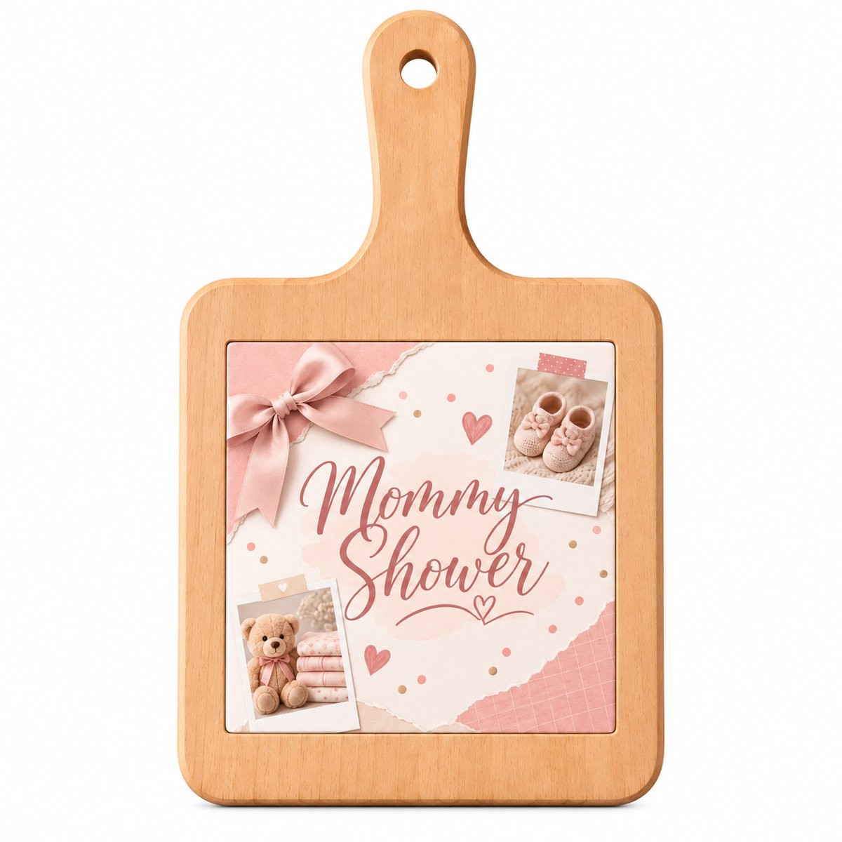 Houten Kaasplank met Bedrukte Tegel – Mommy Shower – Babyshower – Roze Baby Design – 18 x 31 cm – Serveerplank