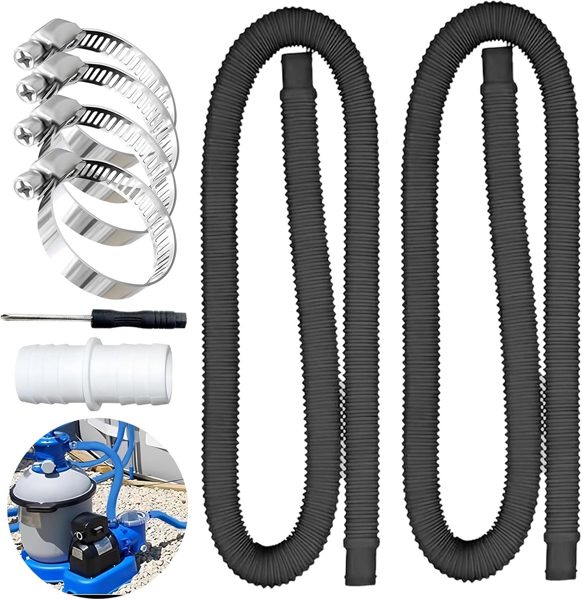 Pool Hose 32 mm Diameter, 2 Pieces 150 cm Pool Hose, with 4 Safety Clips and 1 Piece Hose Connector, for Above Ground - ShopVlot