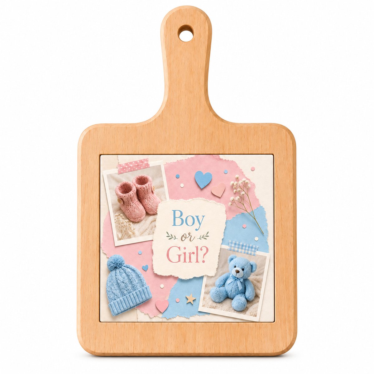 Houten Kaasplank met Bedrukte Tegel – Boy or Girl? – Gender Reveal & Babyshower – 18 x 31 cm – Serveerplank