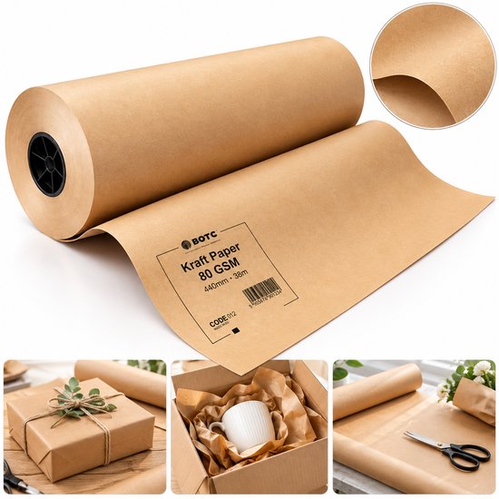 Un rouleau de papier kraft brun avec le texte 'BOTC Kraft Paper 80 GSM 440mm x 35m'. Détaillé avec une boîte emballée dans du papier et une tasse blanche dans une boîte remplie de papier.