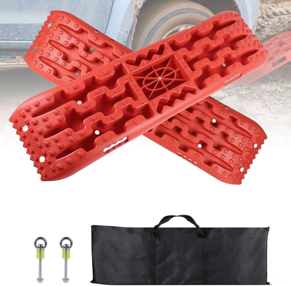 2 Stuks Off-Road Traction Mats, Herstel- en Ontzandingsplaten voor Voertuigen tot 10 Ton, Ideaal voor Sneeuw en Zand, Inclusief Opbergtas en Accessoires voor 4x4 Avonturen