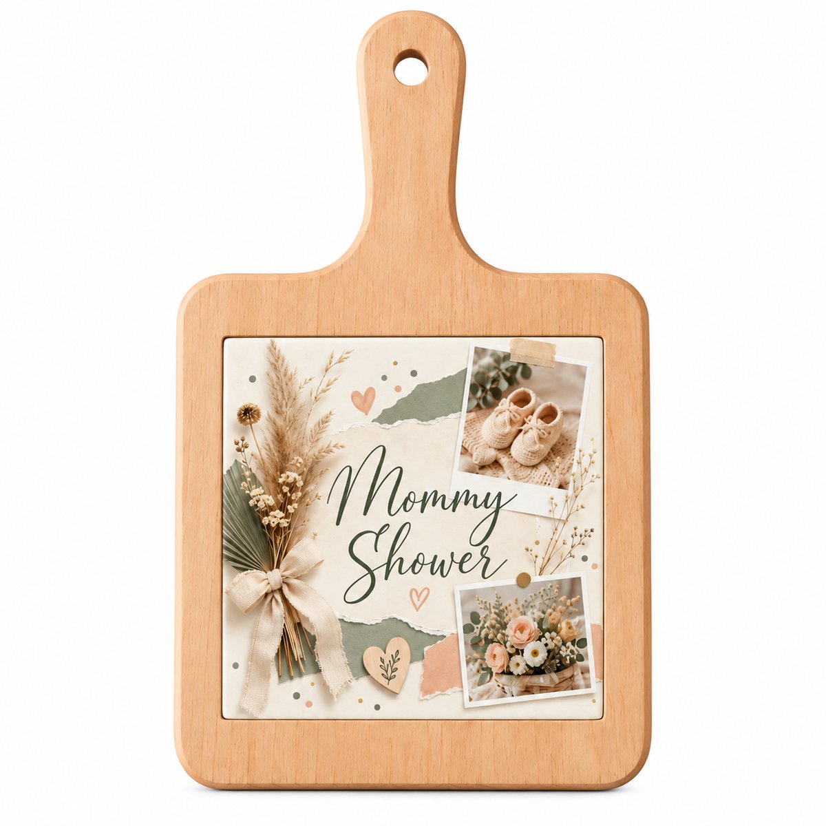 Houten Kaasplank met Bedrukte Tegel – Mommy Shower – Babyshower – Beige & Groen Design – 18 x 31 cm – Serveerplank