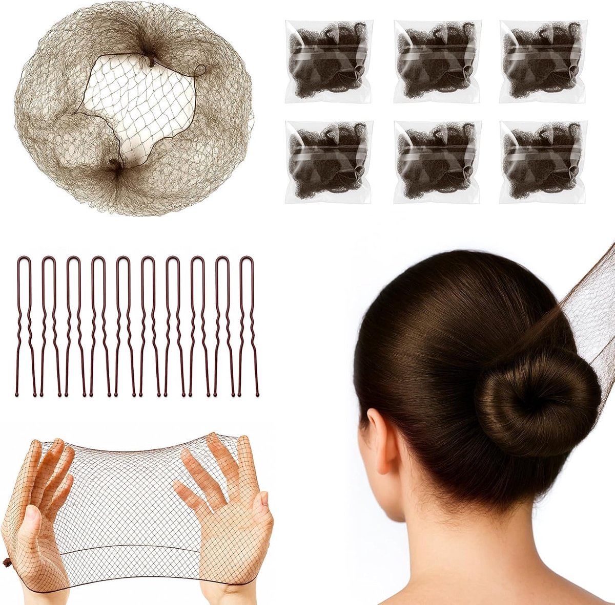 Haarnetten voor broodjes, 20 stuks, donkerbruine broodjesnetten met 20 stuks U-vormige spelden, 50 cm, onzichtbaar broodjesnet | 50 cm lengte, onzichtbaar ontwerp, incl. haarspelden, haaraccessoires voor dames