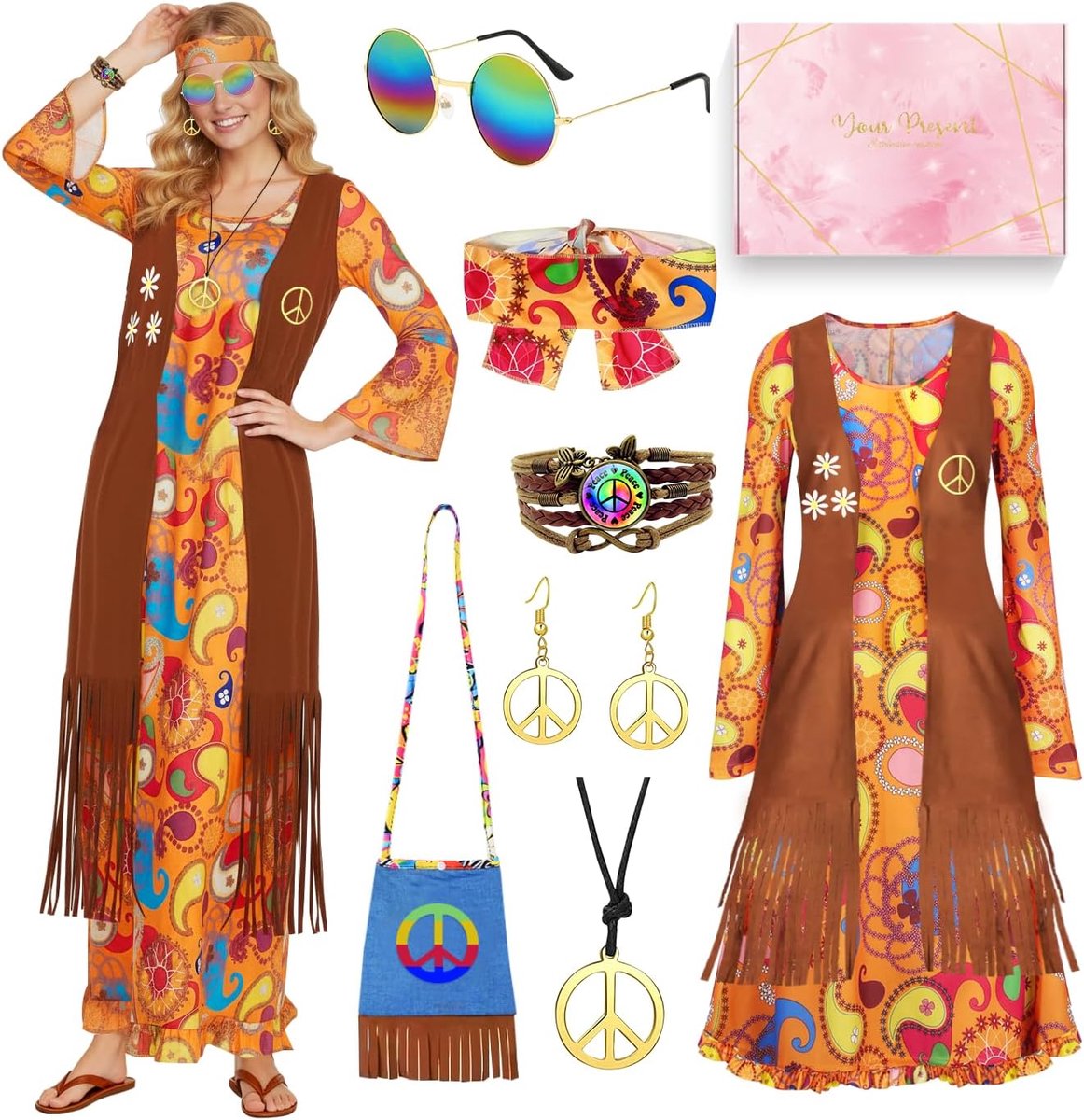 Hippiekostuum voor dames, oranje, hippiejurk en accessoires, jaren 70-kleding voor dames, jaren '60 kwastvest en jurk voor Halloween, carnaval, party, cosplay
